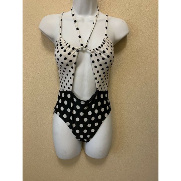 Hula Honey Women's Black White Polka Dot Strappy Small One Piece Swim Suit - Picture 1 of 7